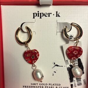 Piper Gold Earrings with Red Floral Heart and Pearl